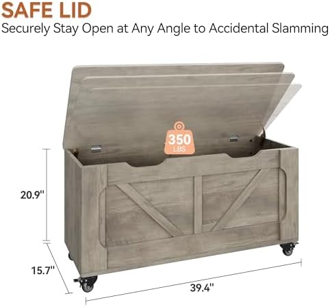 GarveeHome Storage Chest, 39.4" Wooden Storage Bench with 4 Wheels (Gray)