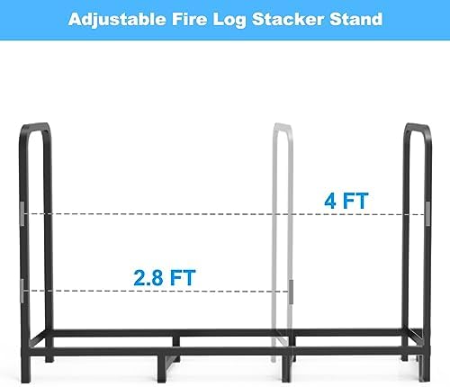 4ft Firewood Rack Holder, Adjustable Heavy Duty Fire Log Stacker Stand for Fireplace, Outdoor Indoor Metal Wood Pile Storage Organizer, Patio Logs Stand tool, Black