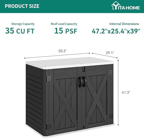 YITAHOME Outdoor Horizontal Storage Shed with X-Shaped Lockable Door, 35 Cu Ft All-Weather Resin Tool Shed w/o Shelf, Ideal for Bike, Trash Cans, Garden Tools, Lawn Mowers, Dark Gray