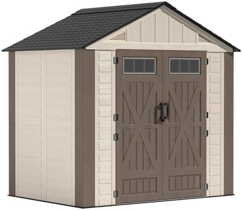 8x6 Ft Outdoor Storage Shed with Floor, Large Resin Outdoor Shed with Lockable Doors & 2 Fixed Windows, HDPE Garden Sheds Weatherproof for Backyard, Lawn Tools, Pool & Bike Supplies, Khaki