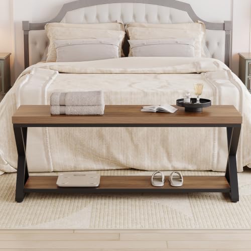 IBF Rustic Entryway Bench with Storage, Rustic Oak Wood and Metal Bench