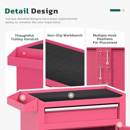 Greenvelly 5-Drawer Tool Chest with Wheels, Pre-Assembled Rolling Tool Chest, Detachable Top Tool Box, Lockable Design, Comes with Drawer Liners & Side Hooks for Garage Workshop Repair Room (Pink)