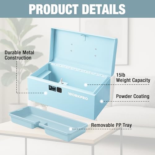 WORKPRO 10.8" Mini Metal Tool Box with Removable Tray