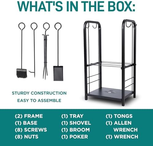 SereneLife Heavy Duty Firewood Rack Holder, Metal Log Storage Organizer with Shelves & Fireplace Tools, Black Powder Coated Wood Stacker for Indoor Fireplace, Outdoor Patio, Deck, Backyard