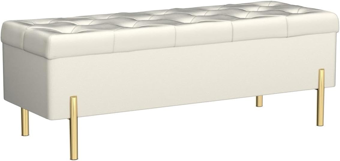 Velvet Storage Bench Ottoman, 45.6-Inch End of Bed Bench, Ivory