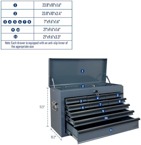 9 Drawers Metal Tool Box, 24" Portable Steel Tool Chest with Key Lock & EVA Liners, Multi-Function Top Storage Tray Toolbox with Powder Coating & Ball Bearing Slides for Garage & Workshop(Grey)