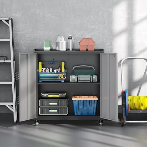 Metal Garage Storage Cabinet with Wheels, Adjustable Rolling Tool Storage Cabinet with Lock, 34" Steel Locking Tool Cabinet with Doors and Shelves for Garage, Warehouse (Black&Gray, 34.3" H)