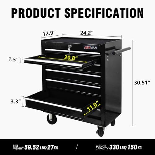 7 Drawers Rolling Tool Cart on Wheels, Multifunctional Organizer Tool Chest Tool Case, Trolley Tool Storage Tool Box for Workshop,Garage,Repair Shop (7 Drawers 24.2" W×12.9" D×30.51" H-Black)