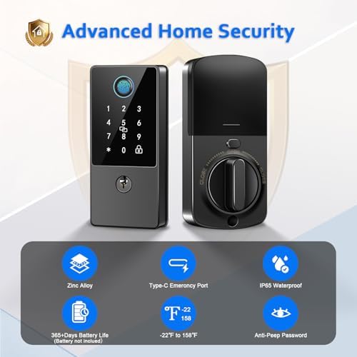Smart Door Lock Deadbolt, Keyless Entry Door Lock with Fingerprint & Keypad,App Control,Auto Lock,Secure Electronic Digital Lock for Front Door Home Apartment Rental,Easy Installation,Matte Black