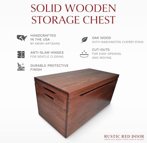 Amish Made Wooden Storage Chest Trunk Box with Lid and Handles for Bedroom, Blanket, Clothes, Anti-Slam Hinges, Handmade, Rustic, Oak Wood, Cherry Stain, 42"