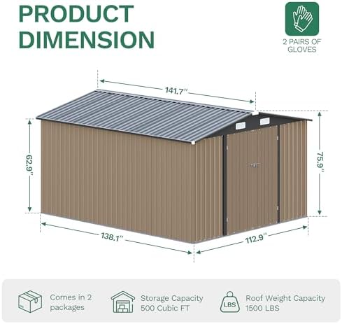 JUMMICO 10x12 FT Outdoor Storage Shed, Heavy Duty Metal Shed with Lockable Door&Slooping Roof, Tool Shed for Garden Backyard Patio(Brown)
