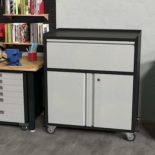 Metal Garage Tool Storage Cabinet with 1 Drawer, Large Space Industrial Metal Storage Cabinet with Wheels and Doors,Locking Small Utility Chest for Home, Office and Garage