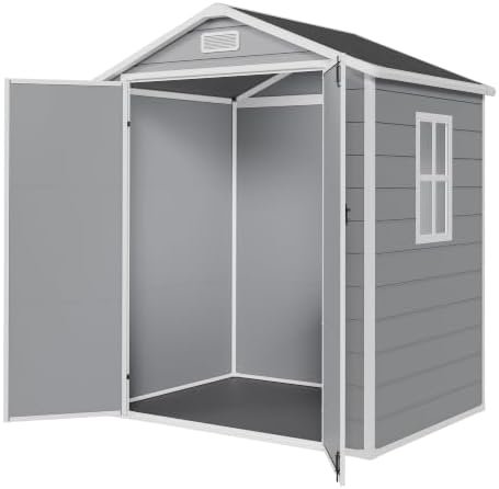 Amopatio 6x4 FT Outdoor Storage Shed with Floor, Grey & White