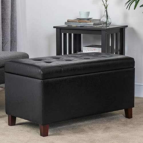 Asense Storage Ottoman Bench, 33" Faux Leather Upholstered End of Bed Bench with Safety Hinge,Wooden Legs,for Entryway Bedroom Living Room,Black