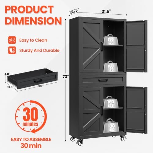 STANI 73" H Metal Storage Cabinet with Wheels, Black Rolling Tool Cabinet