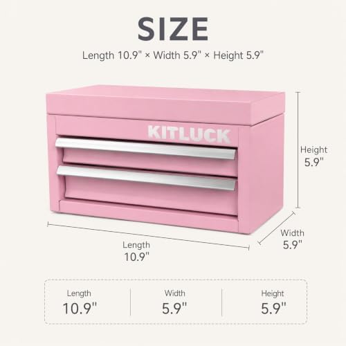 KITLUCK Mini Metal Tool Box, 2-Drawer Top Chest with Ball Bearing Slides, PVC Liners, Durable Cold Rolled Steel Small Tool Organizer for DIY Home Office Multi-Purpose Storage,Pink
