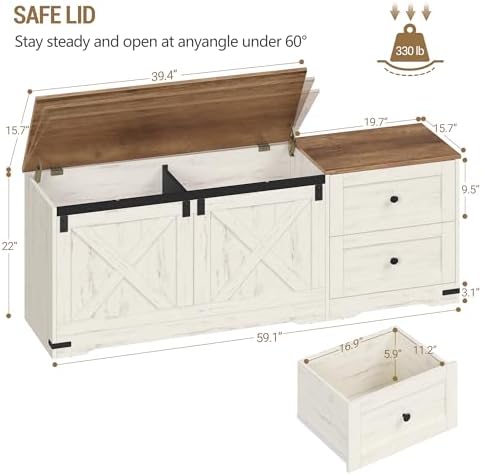 Hzuaneri 59" Farmhouse Storage Chest with 2 Drawers | 60 Gal | Retro White
