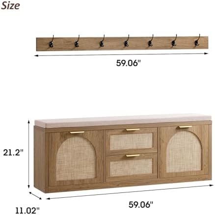 Rattan Narrow Entryway Bench with Shoe Storage, 4 Drawers & Coat Rack, Mid-Century Modern Wood Shoe Cabinet with Seat Cushion for Foyer/Hallway (Rustic Oak Rattan)