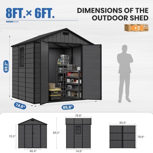 Amopatio 8x6 FT Resin Shed, Outdoor Storage Shed with Floor Included, Plastic Sheds Outdoor Storage for Garden Tools, Bike, Sheds & Outdoor Storage with Lockable Door, Window & Vents, Dark Grey