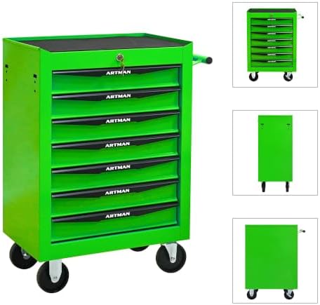 Heavy Duty 7-Drawer Rolling Tool Chest, Key Lock Tool Storage Cabinet with Lockable Casters & Drawer Liners, Mobile Tool Organizer Cart for Garage Workshop Warehouse Repair Shop (Green)
