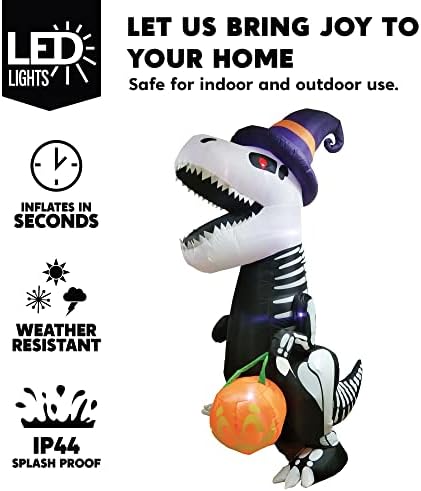 Joiedomi 8 FT Halloween Inflatable Skeleton Dinosaur with Pumpkin & Built-in LEDs, Halloween Blow Up Yard Decorations, Lighted Outdoor Dinosaur Skeleton for Garden, Lawn, Patio & Holiday Outside Decor