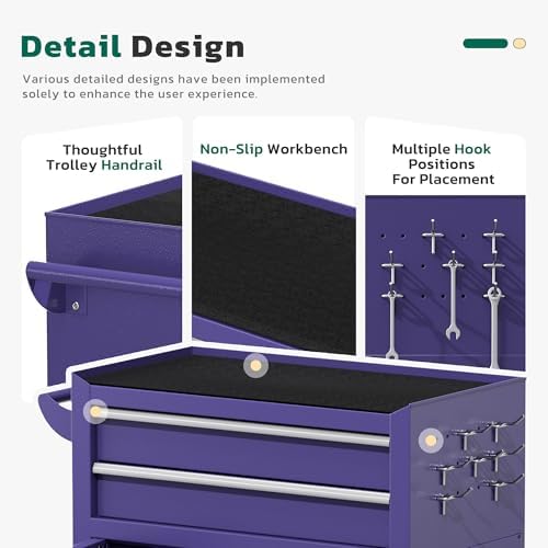 Greenvelly 8-Drawer Tool Chest with Wheels, Pre-Assembled Rolling Tool Chest, Detachable Top Tool Box, Lockable Design, Comes with Drawer Liners & Side Hooks for Garage Workshop Repair Room (Purple)