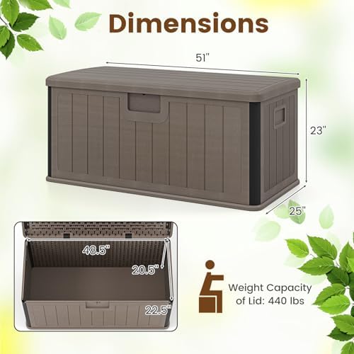 GIANTEX 100 Gallon Deck Box, Waterproof Resin Box with Lockable Lid, 440Lbs Outdoor HDPE Storage Container Bench for Patio Furniture Cushions, Pool Tools & Garden Accessories (Brown)