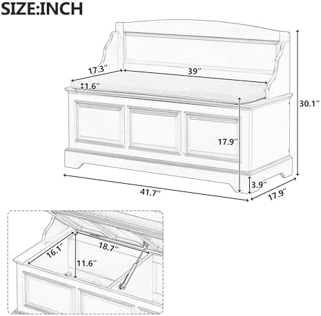 LUMISOL Shoe Storage Bench with Seating, 41.7” Farmhouse Entryway Bench with Cushion and Hidden Storage, Upholstered Storage Ottoman for Living Room, Entryway, Bedroom, White
