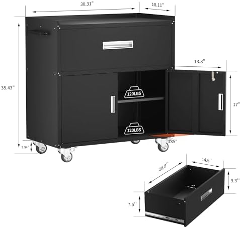 LCAOPC Metal Garage Storage Cabinet with Wheels, Lockable Rolling Tool Cabinet with Drawer, Tool Cabinet on Wheels, Metal Rolling Utility Cabinet for Home, Office, Garage and Workshop, Black