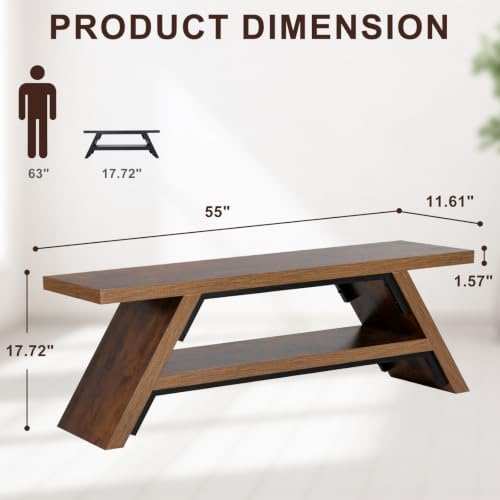 2-Tier Shoe Storage Bench, 55" Large Solid Wood Entryway Stool Storage