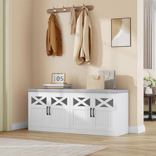 Hzuaneri 47.2" Shoe Storage Bench with 4 Barn Doors & Padded Seat Cushion