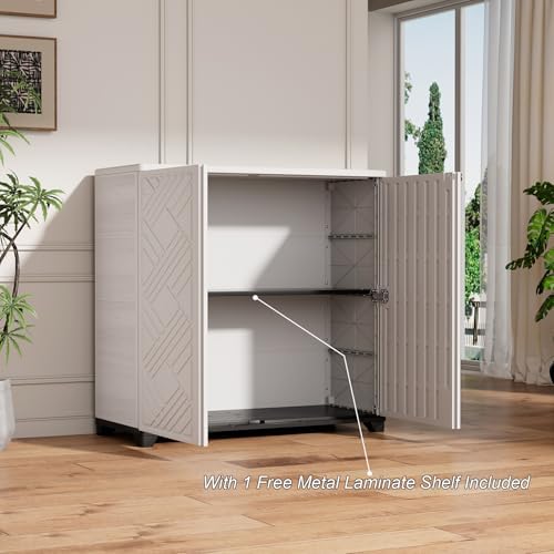HOMSPARK Indoor/Outdoor Storage Cabinet with Doors and 1 Shelf, 34”x15”x34” HDPE Plastic Storage Box for Patio, Garden, Enterway, Balcony, Multi-Purpose for Daily Tools, White