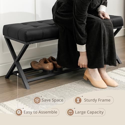 LUE BONA 44.5” End of Bed Bench with Shelf, Linen Tufted Upholstered Storage Shoe Bench, Modern Bedroom Bench with Metal Legs for Living Room, Entryway, Dining Room, 300 LB, Black