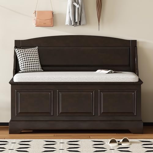 LUMISOL Shoe Storage Bench with Seating, 41.7” Farmhouse Entryway Bench with Cushion and Hidden Storage, Upholstered Storage Ottoman for Living Room, Entryway, Bedroom, Espresso