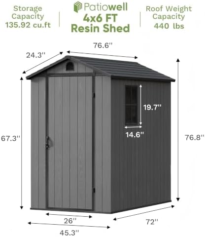 Patiowell 4x6 FT Resin Storage Shed with Floor, Dark Gray