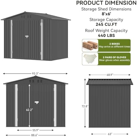 COMHOMA Shed Outdoor Storage Shed Metal,Lockable Doors Tool Sheds with Sloping Roof,Steel Garden Shed with Air Vent for Backyard,Patio,Lawn,Poolside(Grey,8'x6')