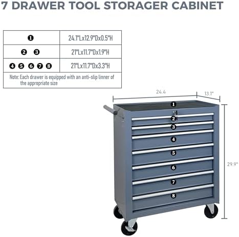 7-Drawer Rolling Tool Cart on Wheels, Drawers Rolling Tool Chest with Lock, Mobile Trolley Organizer Tools Box with Locking Wheels & Ball Bearing Drawers for Garage,Warehouse,Repair Shop (Grey)