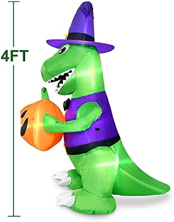 4 Ft Halloween Inflatables Witch Dinosaur Holding Pumpkin Built-in LEDs