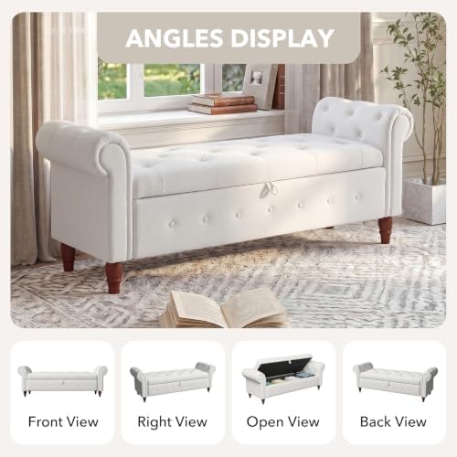 NIOIIKIT 63'' Storage Ottoman Bench, Tufted Entryway Bench White Polyester
