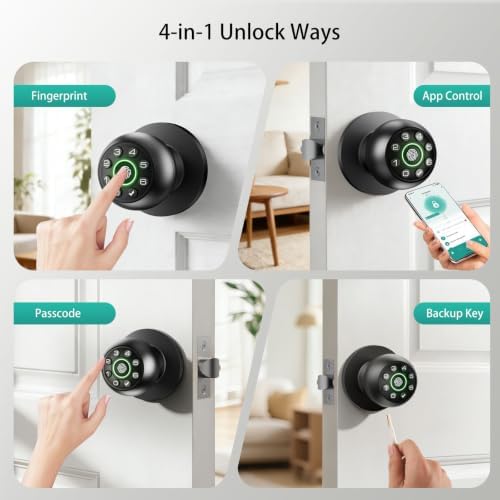 Fingerprint Door Lock with Keypad & Handle | Keyless Entry Smart Biometric Door Knob for Bedroom, Home Office Passcode Lock
