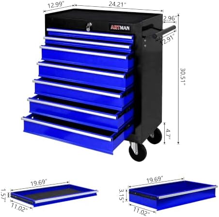 7 Drawers Rolling Tool Chest on Wheels, Multifunctional Tool Cart Tool Storage, Drawers Rolling Tool Trolley Organizer Tool Case for Garage,Warehouse,Workshop,Repair Shop (7 Drawers-Black&Blue)