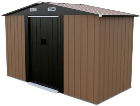 LAUSAINT HOME 10 x 4.5 FT Outdoor Storage Shed, Galvanized Steel Storage Shed with Double Sliding Doors, Gable Roof & Air Vent for Backyard, Brown