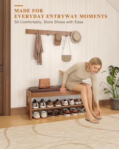 Shoe Rack Bench with Hidden Storage, 2‑Tier Solid Rubberwood Entryway Bench