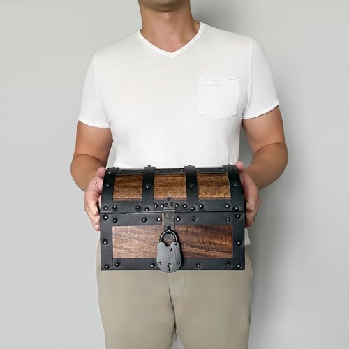 Nautical Cove Handmade Wooden Treasure Chest Storage Box – Deluxe Design with Real Leather Accents, Working Iron Lock & Skeleton Keys, Decorative Keepsake Chest (Medium - 10 x 7 x 7)