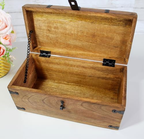 Nautical Cove Treasure Chest Wooden Box with Antique Iron Lock and Skeleton Key (Medium 12.5x6x5.5) - Storage and Decor – Pirate Chest, Decorative Storage Chest with Hinged Lid, Wood Treasure Box