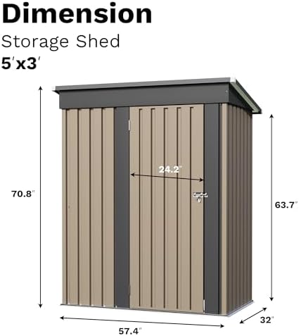 JUMMICO Metal Outdoor Storage Shed 5 x 3 FT Metal Shed with Lockable Door,Waterproof Garden Tool Shed Storage House for Backyard Patio Lawn, Brown