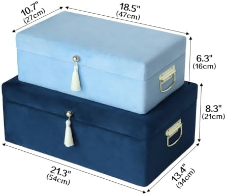 HofferRuffer Velvet Storage Trunks with Wood Frame, Set of 2 Storage Chests with Handles, Bedroom Organizer Nesting Upholstered Decorative Boxes Hinged Lid with Gold Hardware Accents (Blue Velvet)