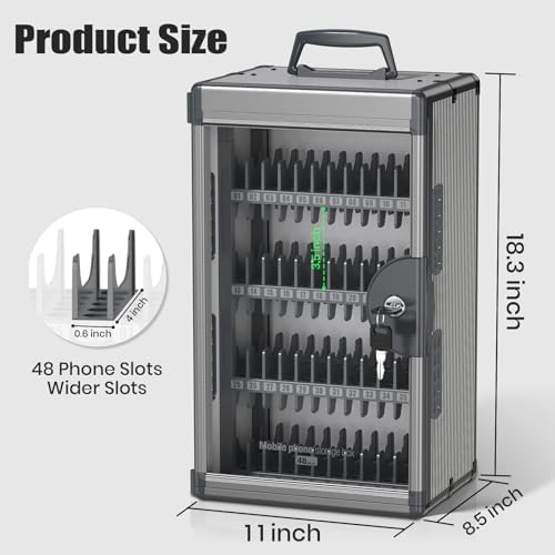48 Slots Cell Phone Locker for Classroom with Key, Portable Mobile Phone Storage Box with Handle & Charging Hole, Phone Lock Box Wall Mounted for School (Black, 48 Slots)