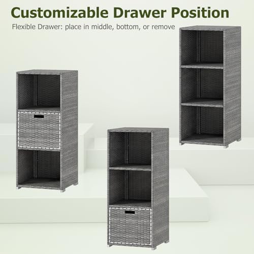 HAPPYGRILL Outdoor Storage Cabinet PE Rattan Wicker Storage Shed Organizer with Shelves Drawer, for Patio Porch, Garden, Backyard and Poolside (Mix Grey)