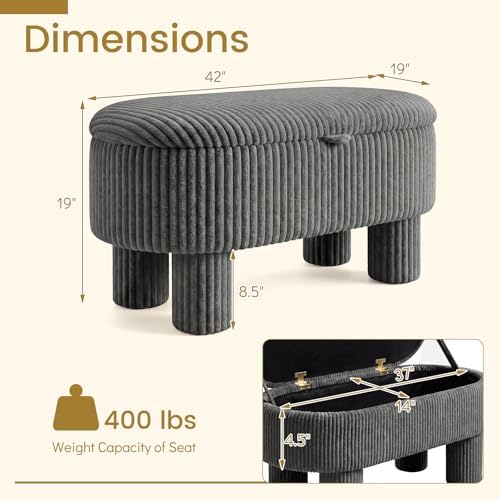 GIANTEX 42'' Storage Ottoman Bench, Corduroy Fabric Upholstered End of Bed Bench with Hidden Storage Compartment & Legs, Blanket Storage Chest for Living Room, Bedroom, Entryway (Gray)